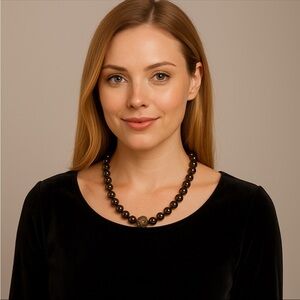 Signed Amber Brown Bead Necklace w/ Sparkly Gold Focal Bead – 18” Elegant